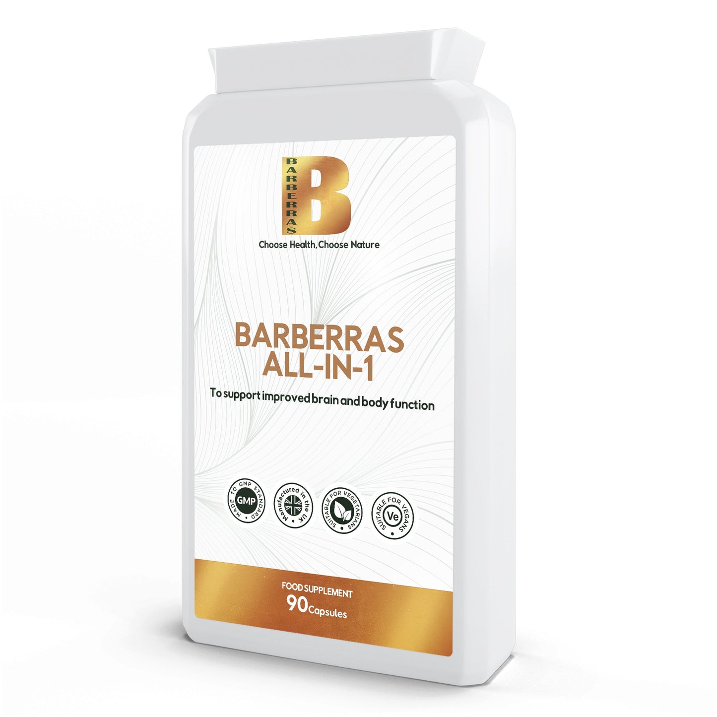 Barberras Botanicals Ltd - Barberras All - in - 1 - Food Supplements - front label - side on - plain white background