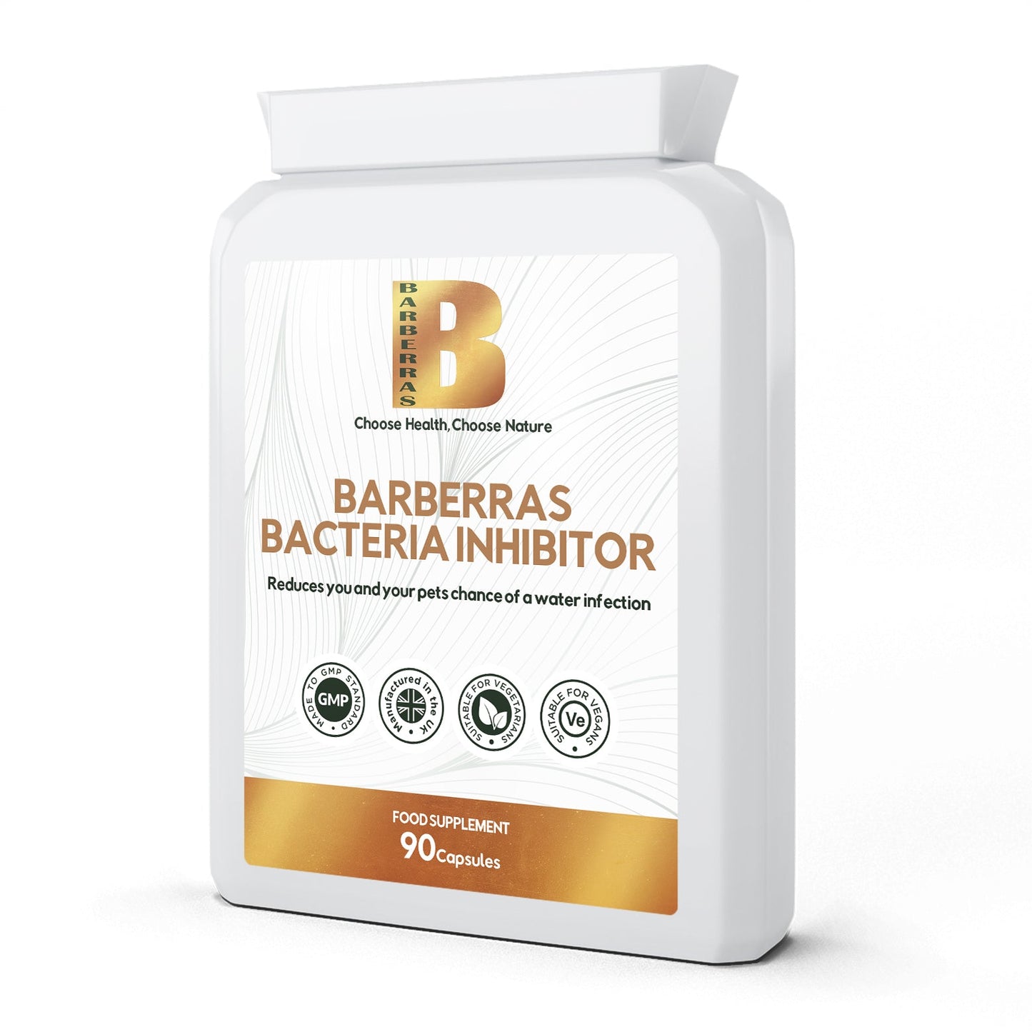 Barberras Botanicals Ltd - Barberras Bacteria Inhibitor - Food Supplements - front label - side on - plain white background