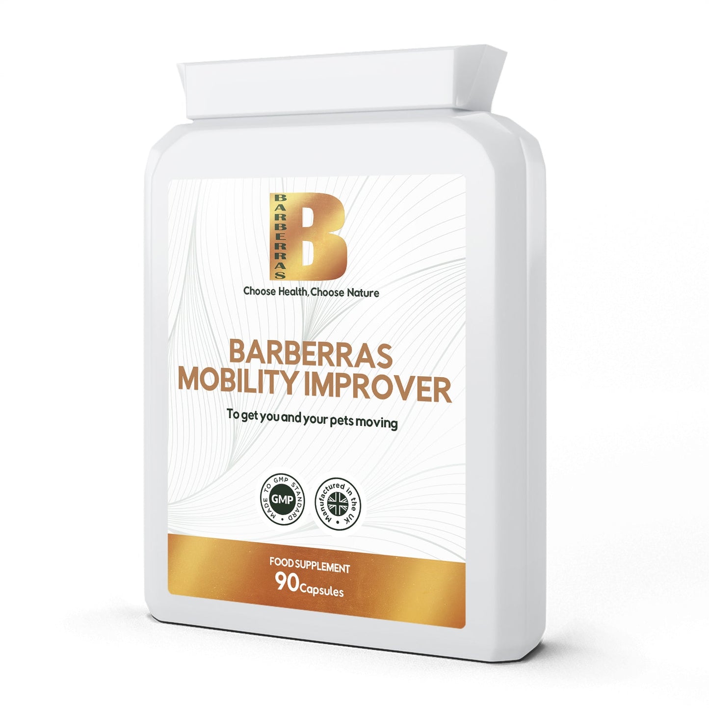Barberras Botanicals Ltd - Barberras Mobility Improver - Food Supplements - front label - side on - plain white background