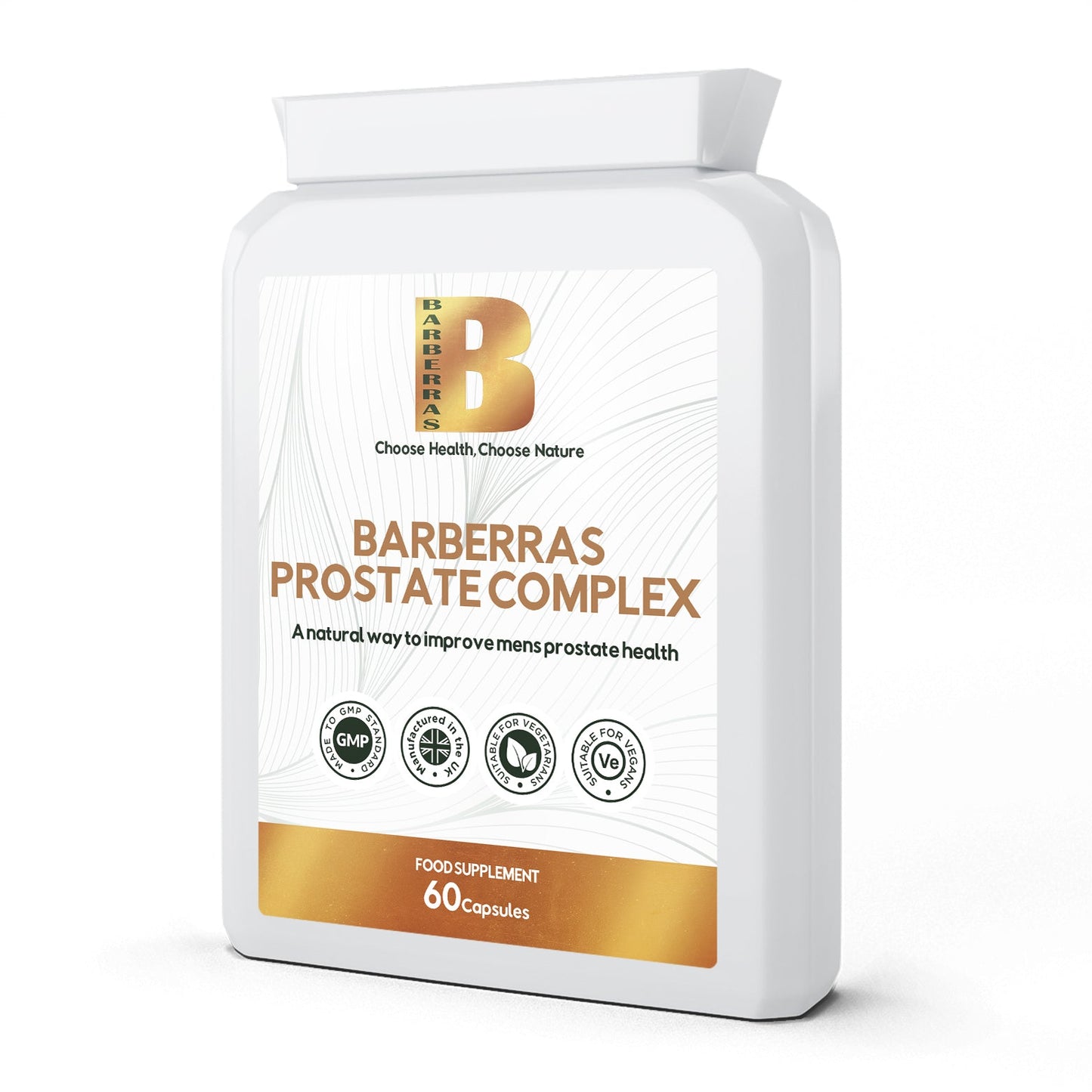 Barberras Botanicals Ltd - Barberras Prostate Complex - Food Supplements - front label - side on - plain white background