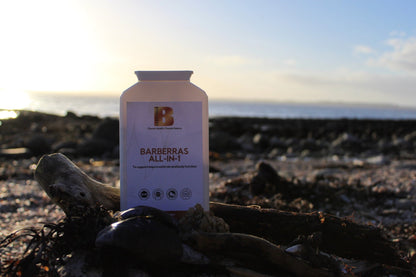 Barberras Botanicals Ltd - Barberras All - in - 1 - Food Supplements - product placed on beach