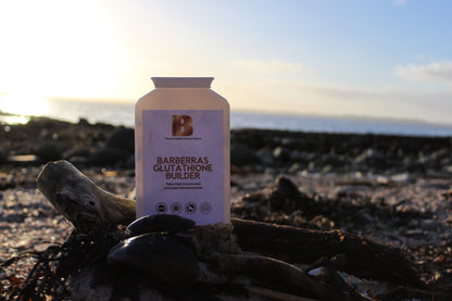Barberras Botanicals Ltd - Barberras Glutathione Builder - Food Supplements - product placed on beach