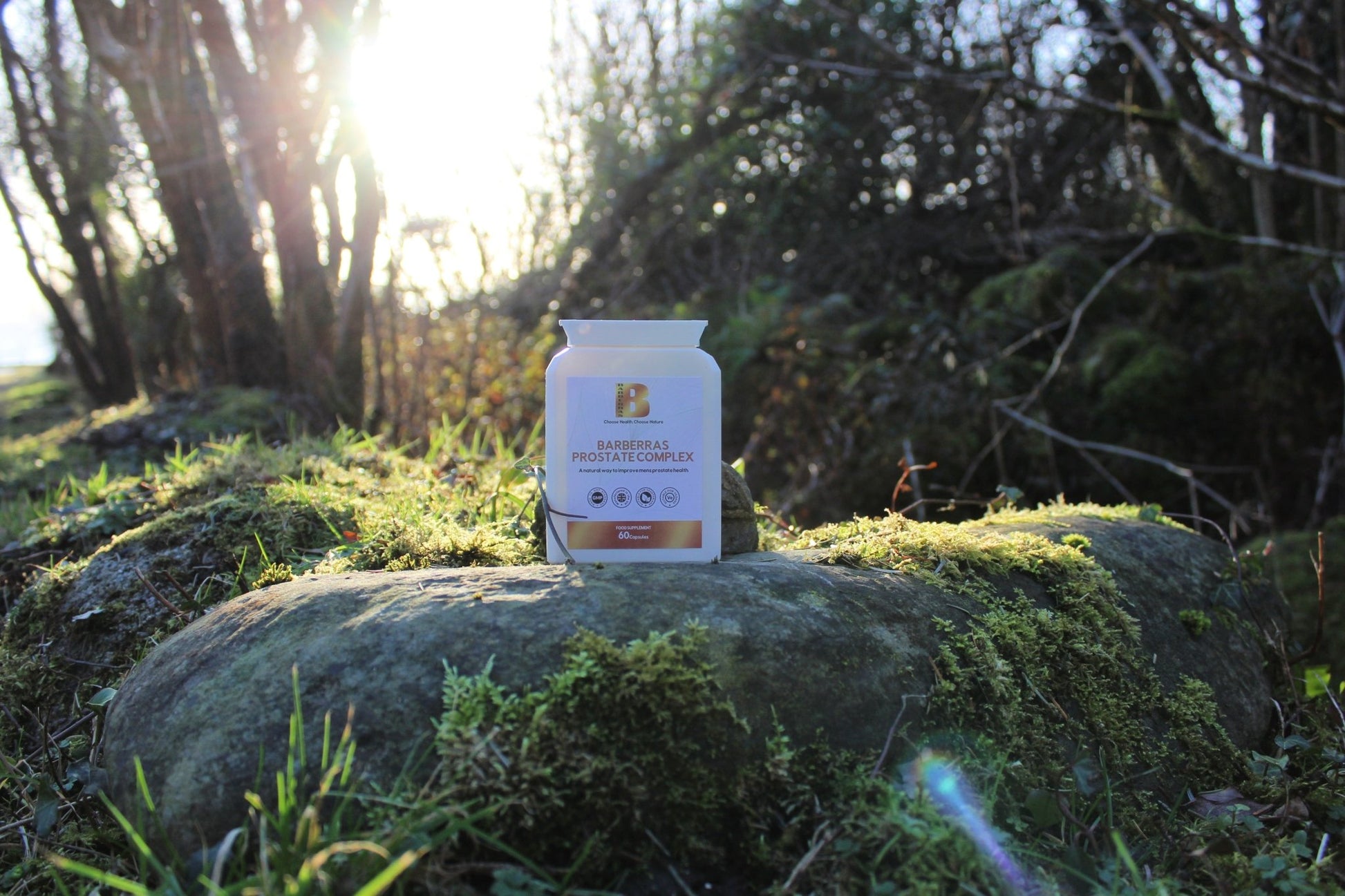 Barberras Botanicals Ltd - Barberras Prostate Complex - Food Supplements - product placed on rock