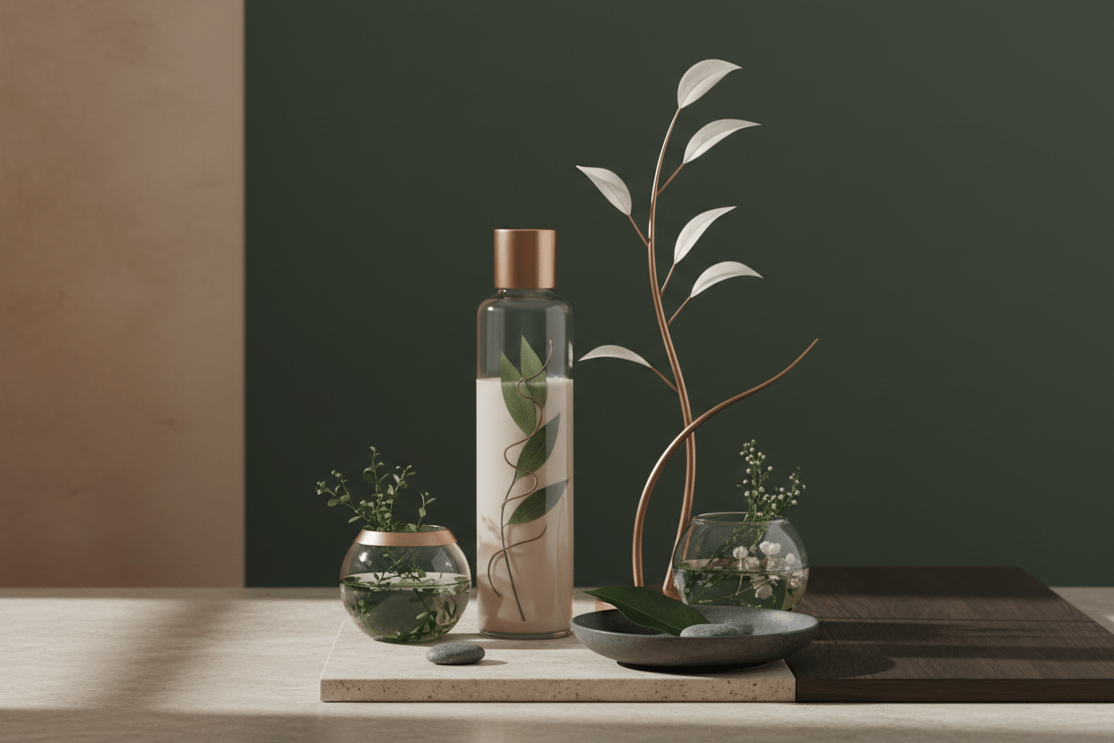 Barberras Botanicals Ltd - Calm & Clarity Duo - Food Supplements - Barberras Botanicals Ltd - anti - cancer - anti - inflammatory - ashwagandha - Create a clean, modern botanical product image representing calm, clarity and emotional balance. Use a minimal earthy - luxe style with soft lighting, smooth shadows and gentle gradients. Feature abstract plant elements, flowing lines, and natural textures. Incorporate the Barberras palette: deep green 132314, warm bronze A97142, charcoal grey 464646, 