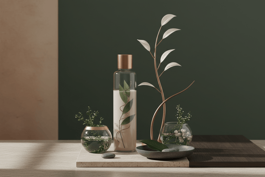 Barberras Botanicals Ltd - Calm & Clarity Duo - Food Supplements - Barberras Botanicals Ltd - anti - cancer - anti - inflammatory - ashwagandha - Create a clean, modern botanical product image representing calm, clarity and emotional balance. Use a minimal earthy - luxe style with soft lighting, smooth shadows and gentle gradients. Feature abstract plant elements, flowing lines, and natural textures. Incorporate the Barberras palette: deep green 132314, warm bronze A97142, charcoal grey 464646, 