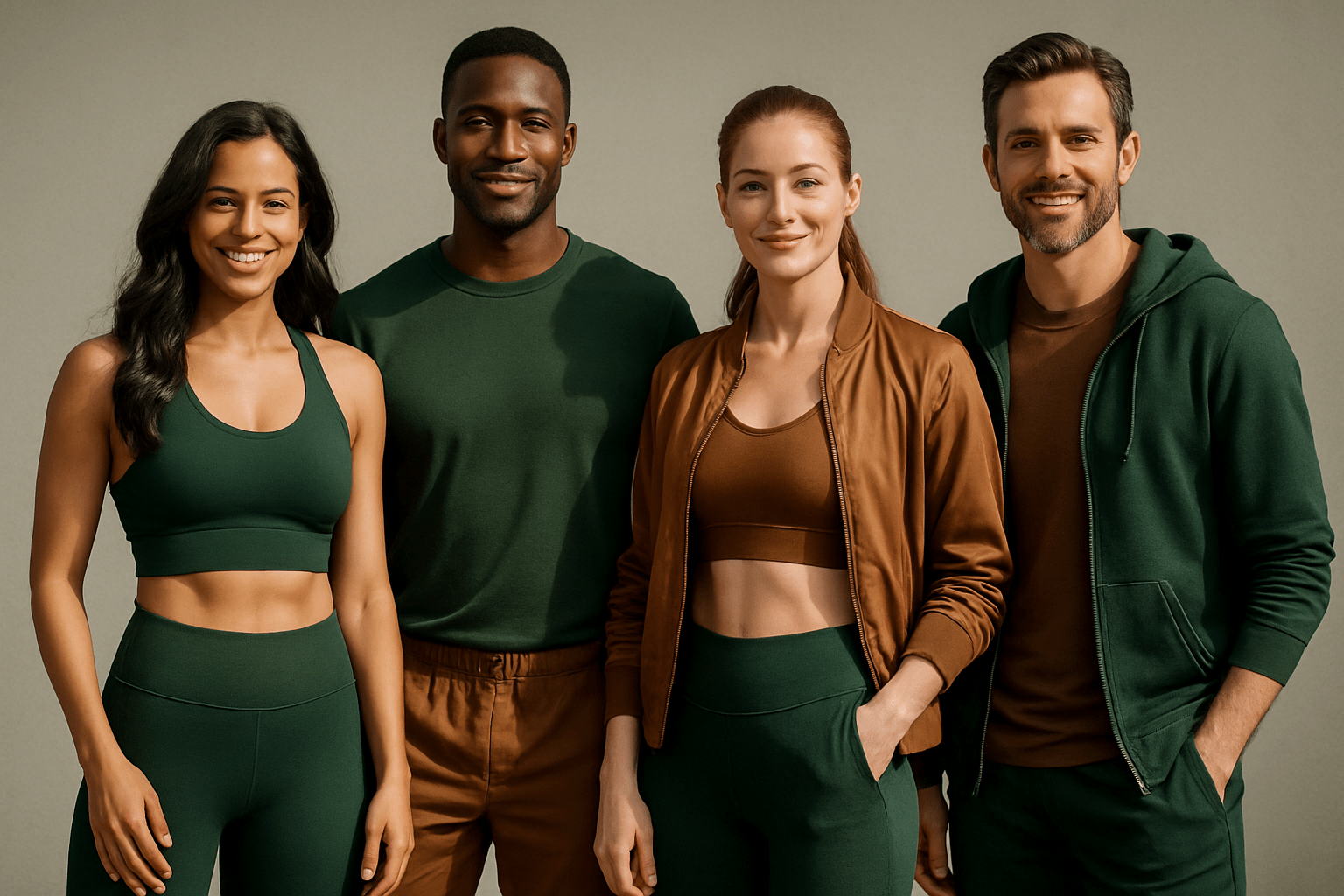 Barberras Botanicals Ltd - Gym Package - Food Supplements - Barberras Botanicals Ltd - anti - oxidant - ashwagandha - asthma - Create an image of adults, looking fit and healthy, wearing clothes that are coloured dark green and bronze