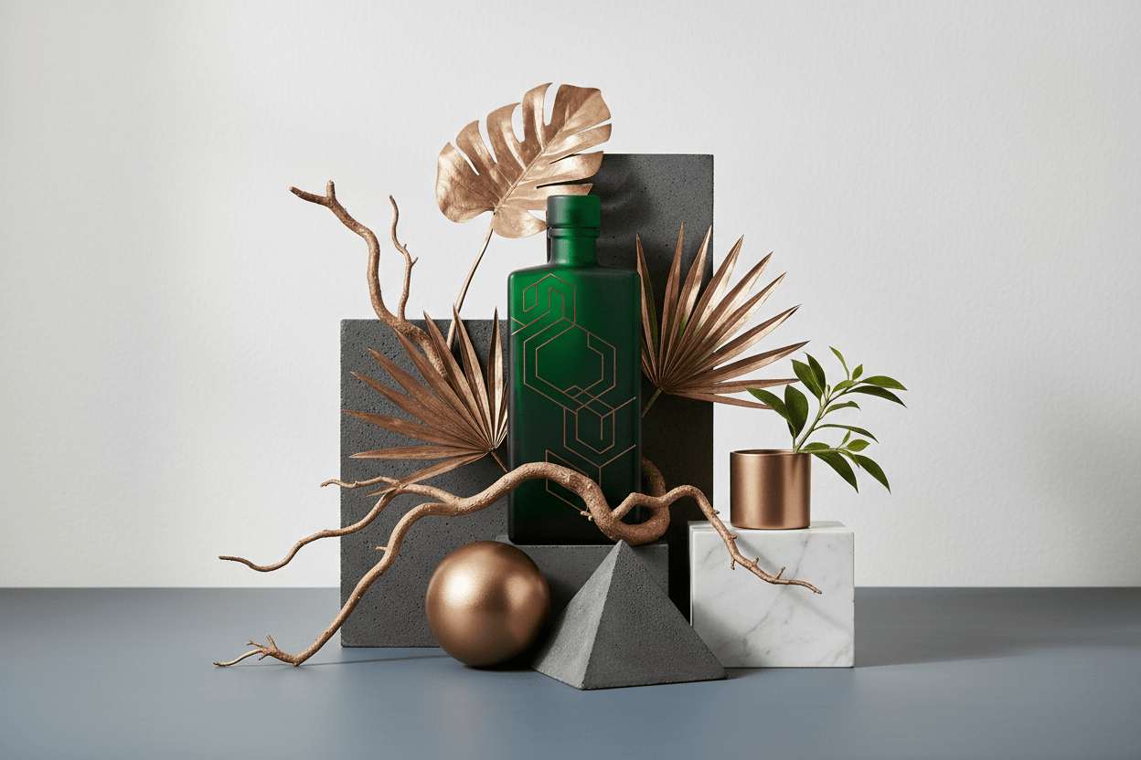 Barberras Botanicals Ltd - Men’s Daily Strength Bundle - Food Supplements - Barberras Botanicals Ltd - alzheimers - anti - oxidant - bacteria - Generate a strong, refined wellness - themed product image representing men’s vitality, balance and strength. Use bold geometric shapes, subtle metallic accents, and natural botanical forms. Style: minimal, clean, confident, modern - apothecary. Incorporate Barberras colours: deep green 132314, bronze A97142, charcoal 464646, nude c4a484, and white FFFFF