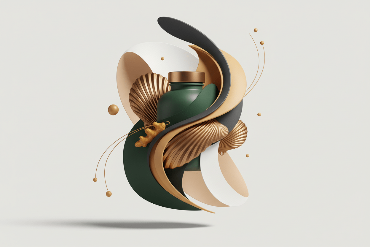 Barberras Botanicals Ltd - Move With Ease Bundle - Food Supplements - Barberras Botanicals Ltd - alzheimers - anti - inflammatory - anti - oxidant - Create a premium, natural mobility - themed product image showing joint comfort and smooth movement through abstract botanical shapes. Use dynamic curved lines, shell - inspired textures (for Green Lipped Mussels), and warm golden turmeric tones. Aesthetic: clean, modern, organic, earthy - luxe. Colour palette strictly from Barberras: 132314, A97142