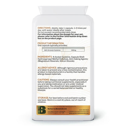 Barberras Botanicals Ltd - Barberras Glutathione Builder - Food Supplements - back label - plain white background