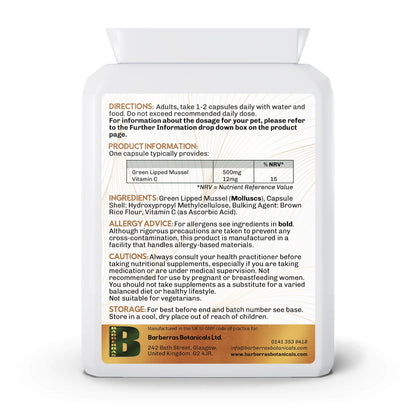 Barberras Botanicals Ltd - Barberras Mobility Improver - Food Supplements - back label - plain white background