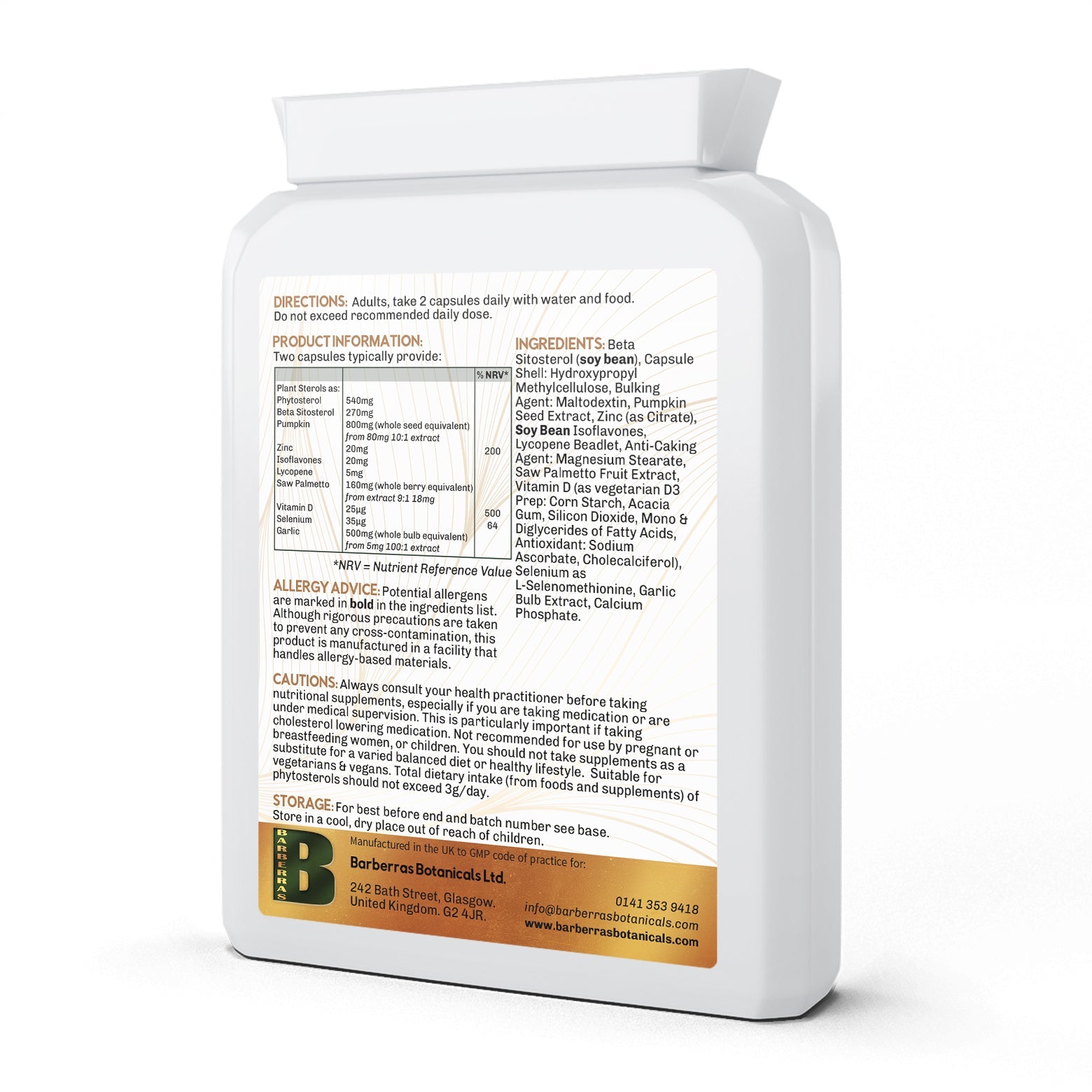 Barberras Botanicals Ltd - Barberras Prostate Complex - Food Supplements - back label - side on - plain white background