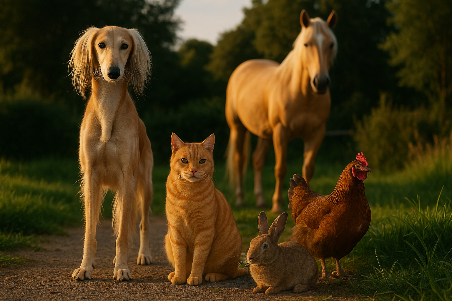 Can we the horse stood back, so it does not look the same size as the dog and being blonde in colour. Have the dog looking like a Saluki and the cat a ginger tabby.
