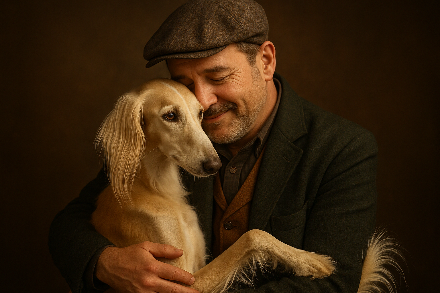 Create an image of a middle aged man, wearing a flat cap, dressed in clothes coloured dark green and bronze, and hugging a blonde and white Saluki dog.