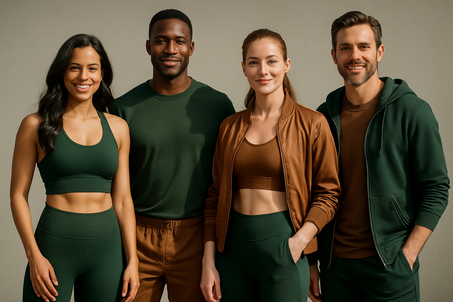 Create an image of adults, looking fit and healthy, wearing clothes that are coloured dark green and bronze