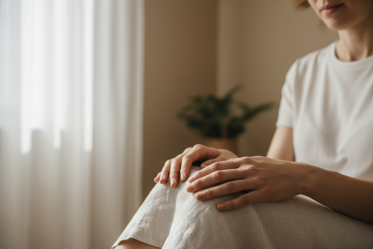 Soft-focus lifestyle images representing joint discomfort using hands, silhouettes, natural light, subtle emotional cues, high-end health brand style.