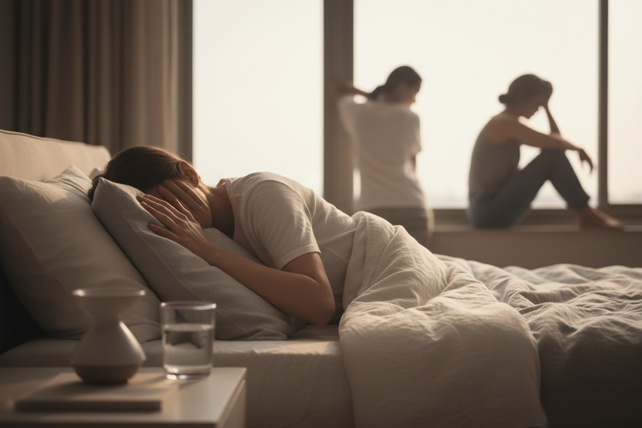 Soft-focus lifestyle images representing sleep trouble, using hands, silhouettes, natural light, subtle emotional cues, high-end health brand style.