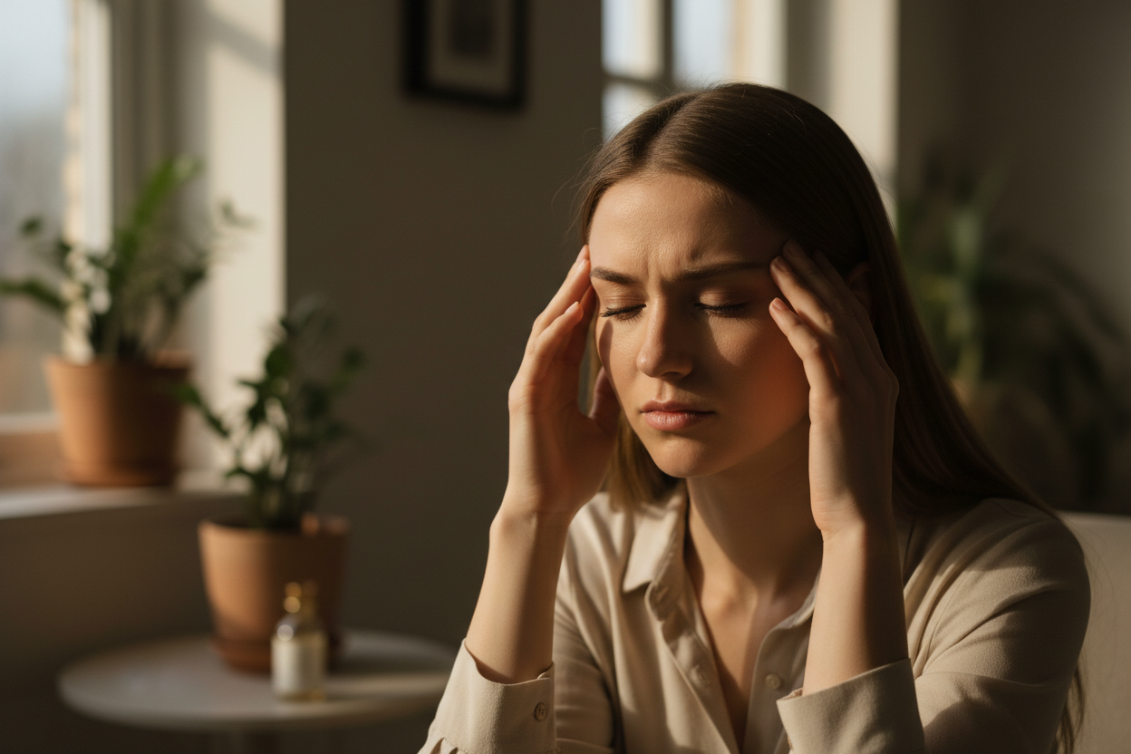 Soft-focus lifestyle images representing stress using hands, silhouettes, natural light, subtle emotional cues, high-end health brand style.